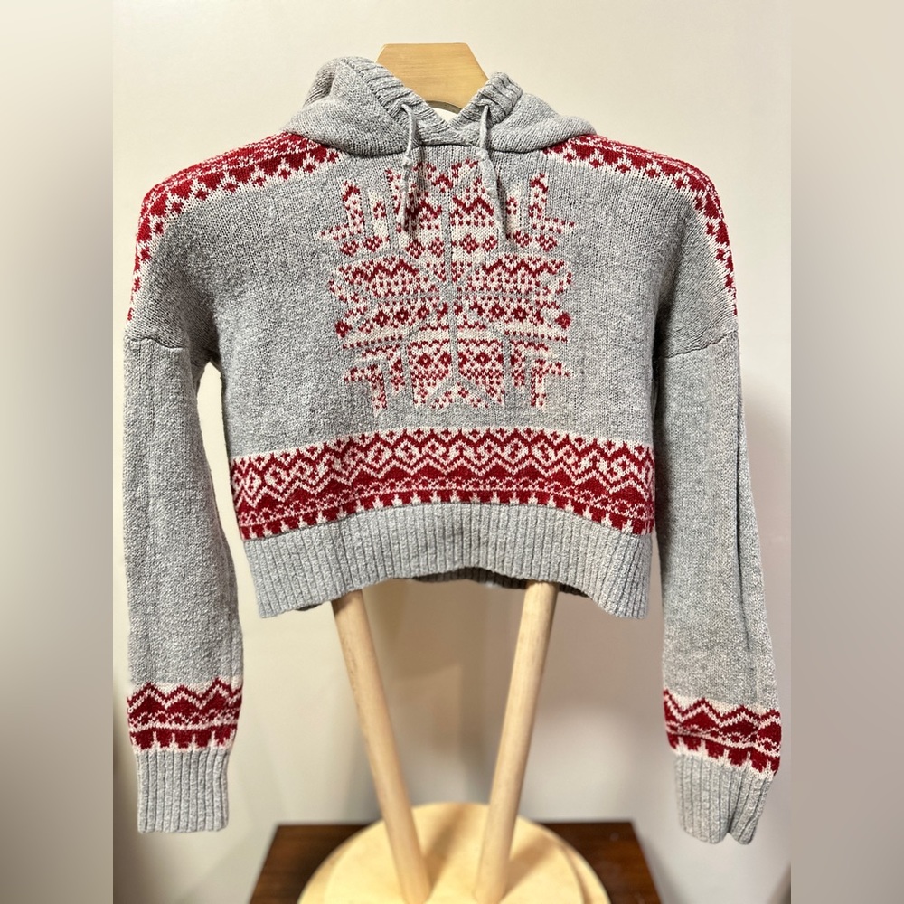Ruby Moon Fair Isle Sherpa Lined Cropped Hoodie Gray Red Women’s Size XS
